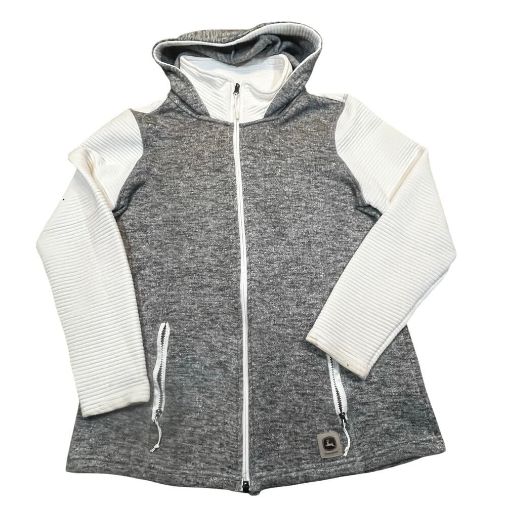 John Deere Full Zip Hoodie Women L Gray White Rib Sleeve
